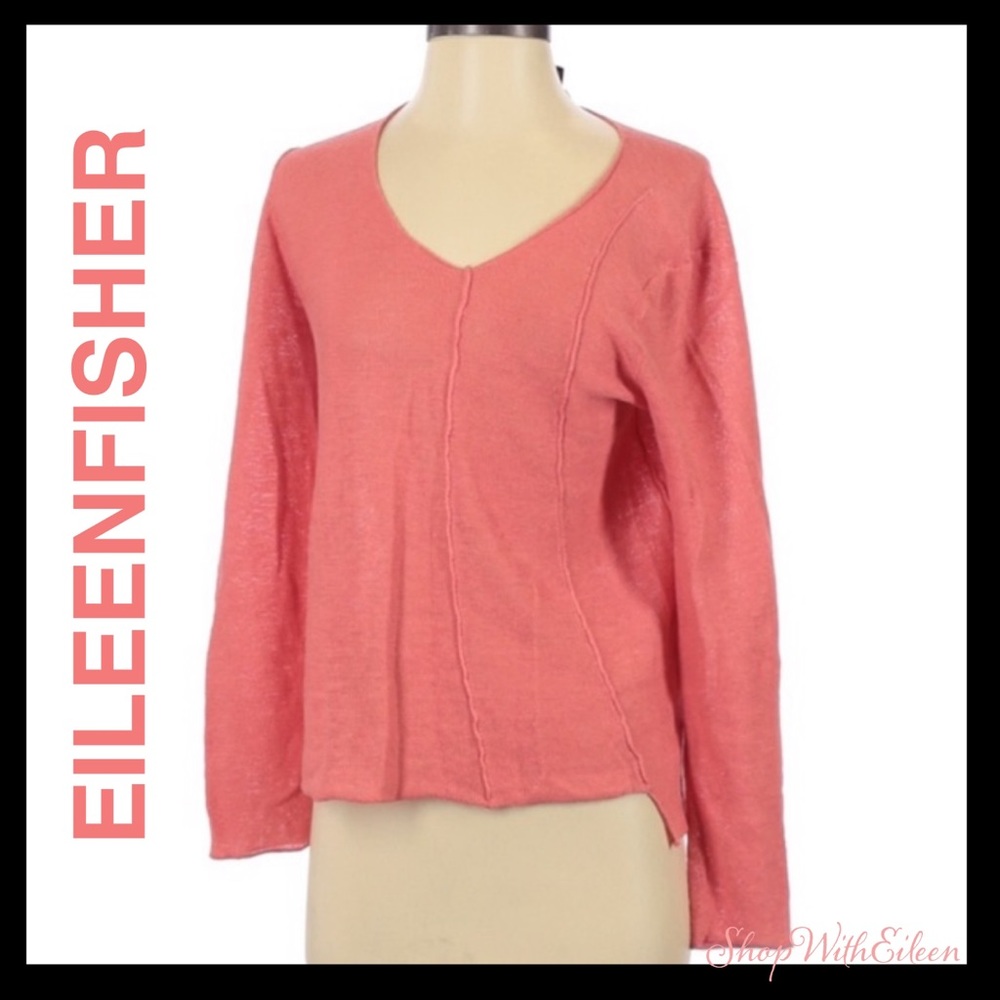 Eileen Fisher Salmon Linen Light V-Neck Sweater